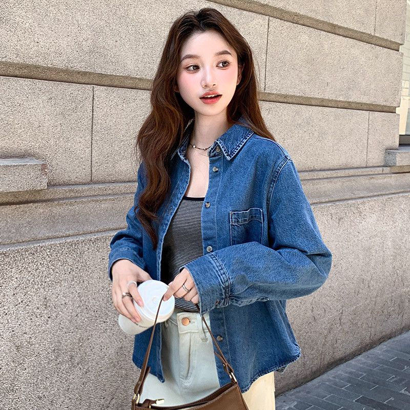 여성용 루즈핏 블루 데님 셔츠 봄 가을 레이어드 캐주얼 스타일 긴팔 청남방 홍콩 레트로 무드로 편안하게 입는 데일리 아이템 - 상세 이미지 4