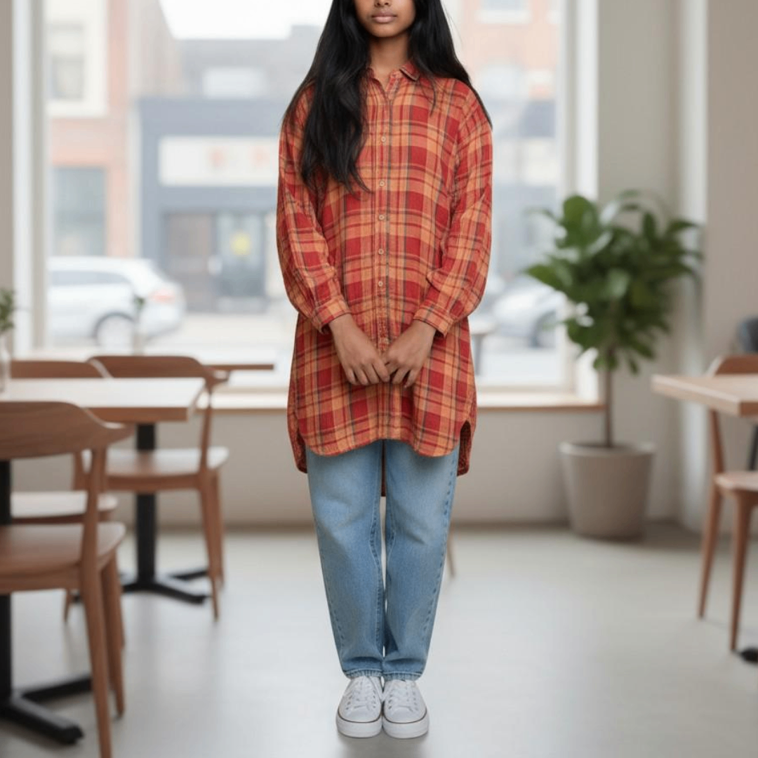 씨피쉐이드 여성 오렌지 미디 롱 빈티지 체크 셔츠 이미지 7