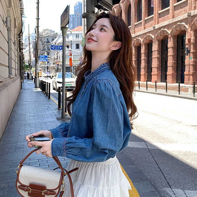 가을 여성 루즈핏 캐주얼 청남방 프랑스 복고풍 블루 데님셔츠 레이스 칼라 스타일 코튼 소재 다용도 탑 - 상세 이미지 2