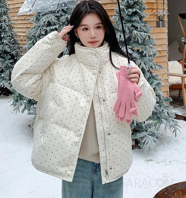 여성 겨울 숏패딩 물방울무늬 따뜻한 재킷 두꺼운 퍼퍼 스타일 캐주얼한 올매치 코튼 코트 느슨한 착용감 편안한 외출용 - 상품 이미지