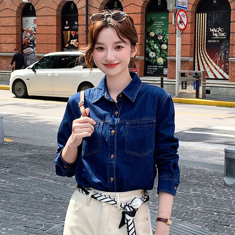 여성용 루즈핏 데님 셔츠 봄 가을 레이어드 스타일 긴팔 캐주얼 탑 홍콩 레트로 감성 시크한 외출용 포켓 디테일 매력적인 스타일링 청남방 - 상세 이미지 2