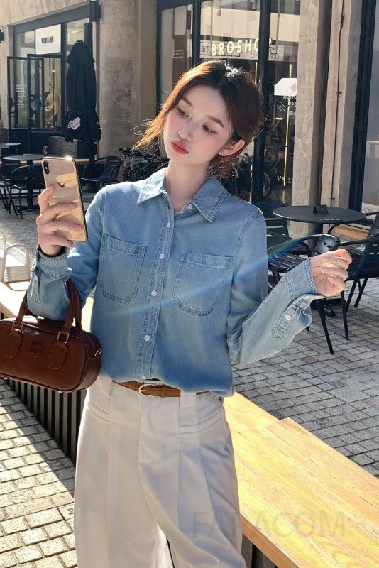여성 루즈핏 데님 셔츠 봄 가을 아우터 스타일리시한 레이어드 필수템 텐셀 소재의 편안한 착용감 캐주얼 이미지 6