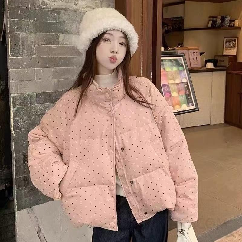 여성 겨울 숏패딩 물방울무늬 따뜻한 재킷 두꺼운 퍼퍼 스타일 캐주얼한 올매치 코튼 코트 느슨한 착용감 편안한 외출용 - 상세 이미지 2