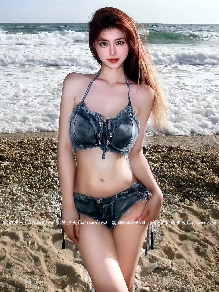 심플 수영복 마이크로비키니 튜브 호캉스 브라질 비치웨어 여성용 휴양지 삼각 목욕 풀빌라 스트랩 데님 S - 상세 이미지 2