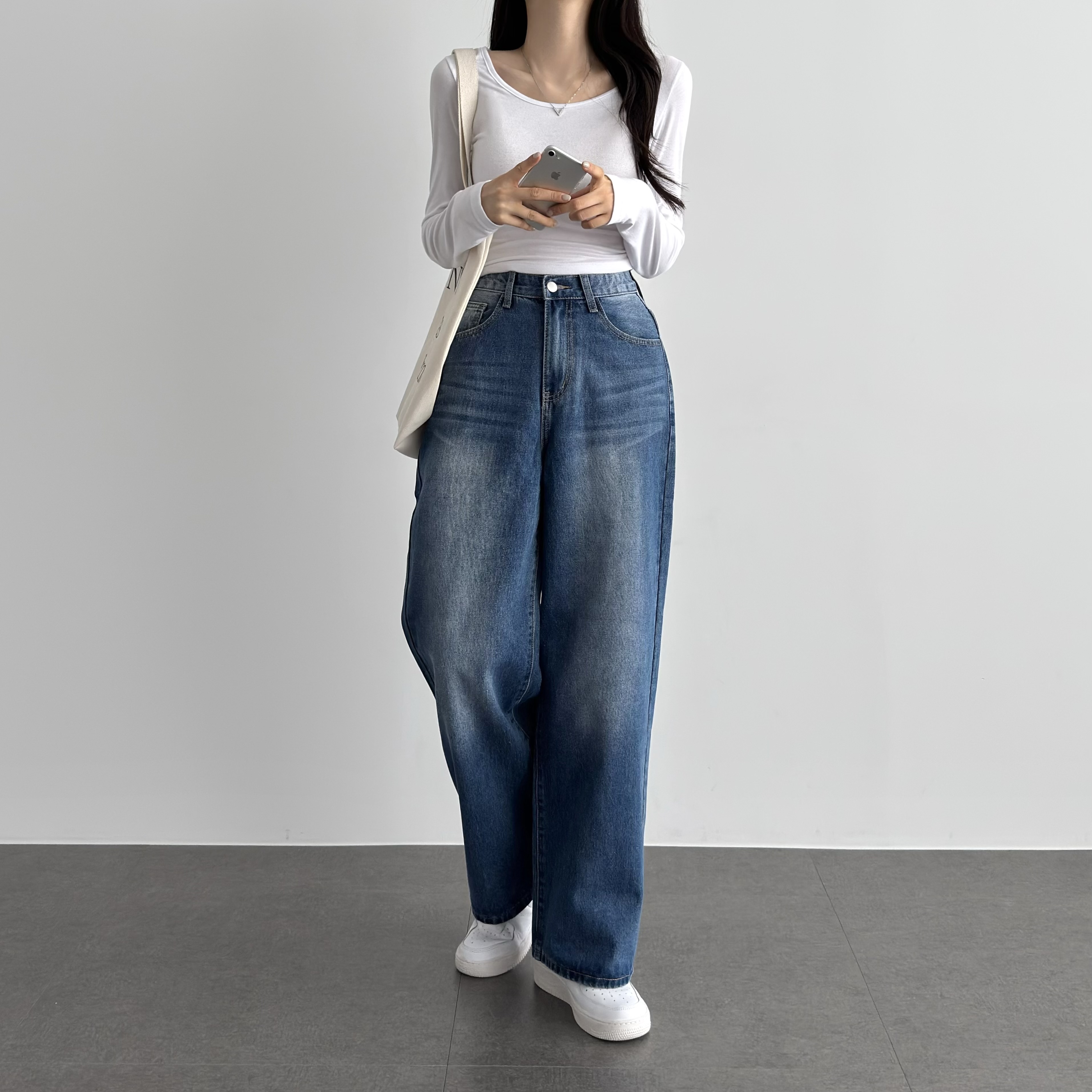 와이드 청바지 여성 가을 와이드데님 밴딩 흑청 진청데님 그레이 연청 - 상세 이미지 2