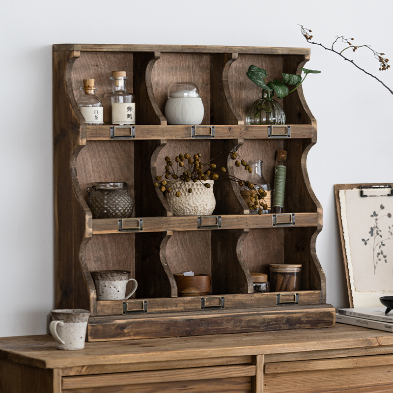 컵보드 원목찬장 다기장 찻장 보드 우드 인테리어 컵 오래된 삼목 9칸 64x17x62.5cm - 상세 이미지 4