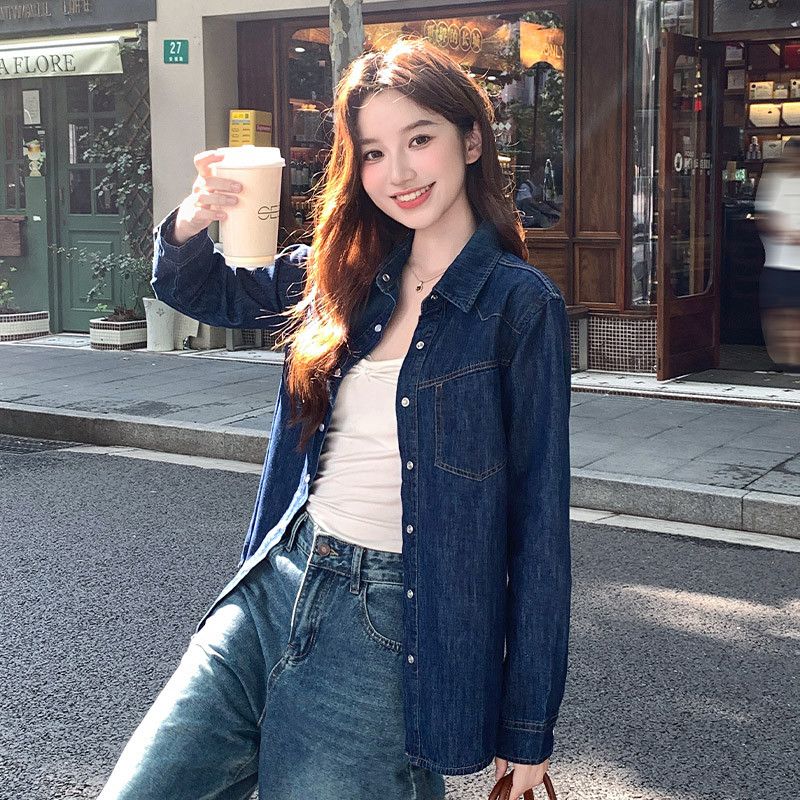 여성용 루즈핏 데님 셔츠 봄가을 캐주얼 스타일 레이어드 가능 청남방 코튼 소재로 편안한 착용감과 레트로한 홍콩 감성의 긴팔 탑 - 상세 이미지 5