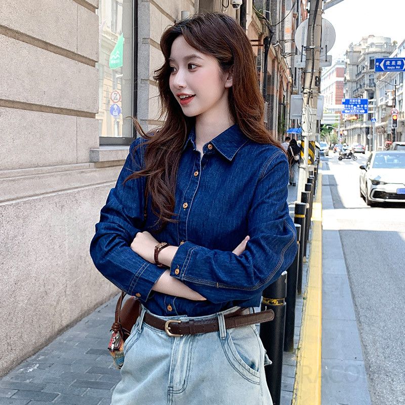여성용 루즈핏 데님 셔츠 봄가을 캐주얼 스타일 레이어드 탑 레트로 홍콩 감성 긴팔 블라우스 청남방 - 상품 이미지