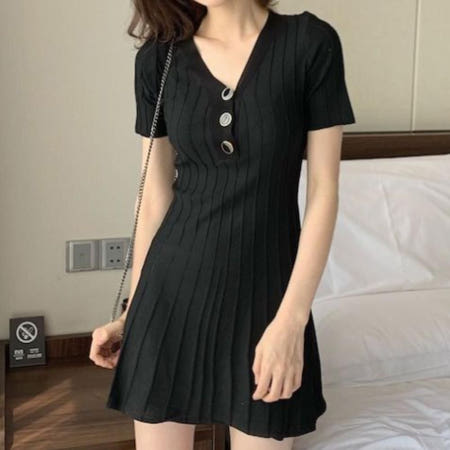 골지 니트 브이넥 원피스 여성 반팔 여름 빅사이즈 슬림 미니 데일리 슬림핏 허리끈 임산부