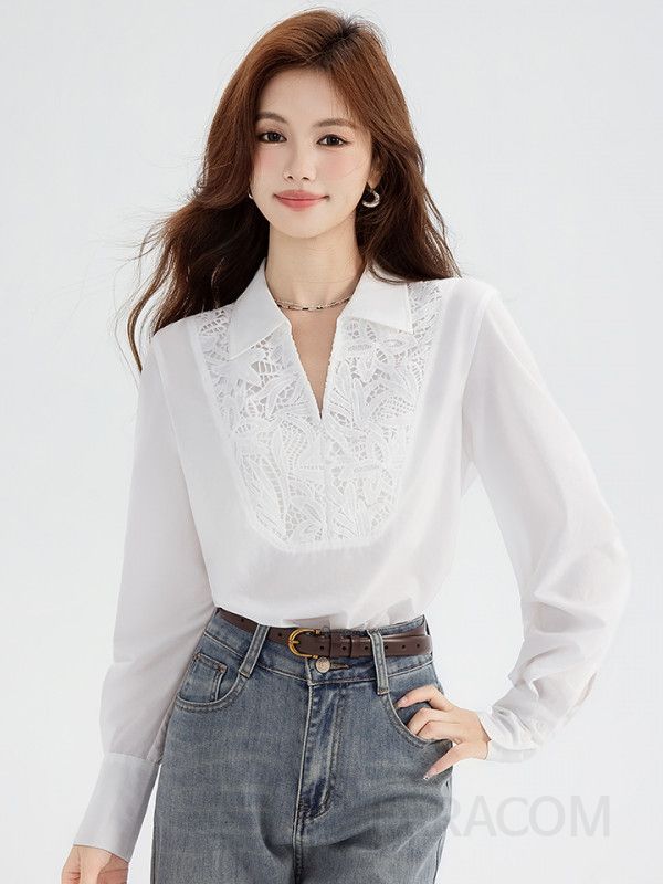 레이스 패치워크 여성 블라우스 가볍고 우아한 스타일의 긴팔 상의 고급스러운 디자인과 편안한 착용감 겨울 이너로도 활용 가능 - 상세 이미지 3