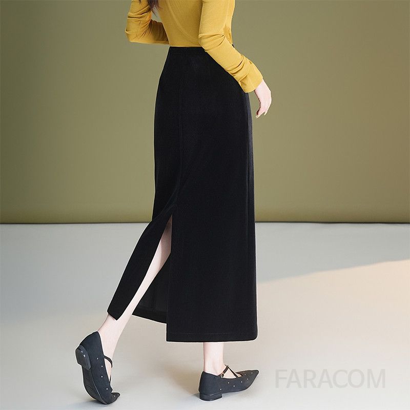 블랙 슬림 드레이프 겨울 롱스커트 슬릿 디자인 여성 세련된 스타일 겨울철 따뜻하고 편안한 착용감의 패션 아이템 - 상세 이미지 3