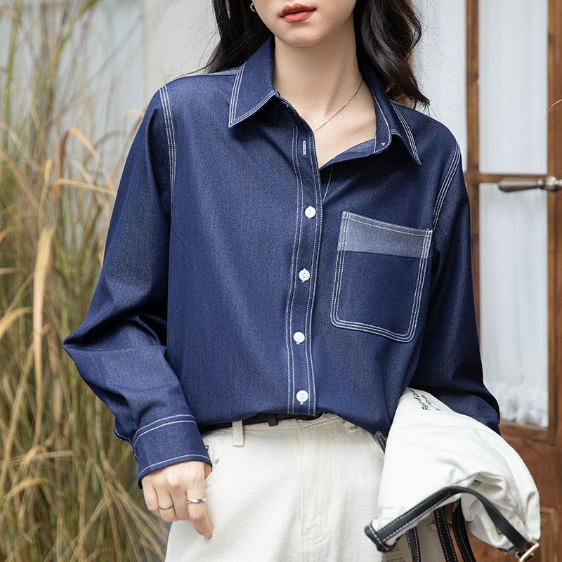 여성 데님 셔츠 루즈핏 봄가을 레이어드 스타일 캐주얼 롱슬리브 청셔츠 레트로 무드의 니치 디자인으로 멋스러운 외출용 - 상세 이미지 3