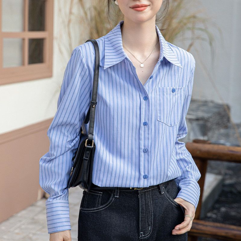 여성용 루즈핏 스트라이프 셔츠 긴팔 가을 캐주얼 스타일 칼라 자켓 블라우스 데일리룩 활용도 높은 편안한 착용감 - 상세 이미지 2