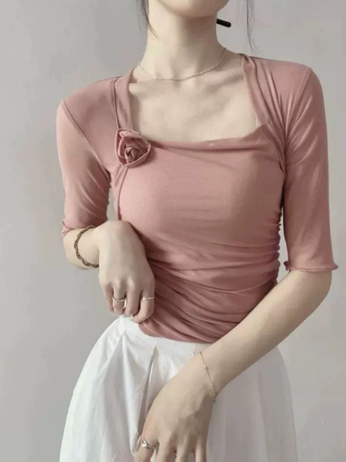 댄스복 스포츠 라인댄스 드레스몰 댄스상의 하의 팬츠 랩스커트 의상 밸리 연습복 줌바복 더스티핑크 5부소매 프리 사이즈 - 상세 이미지 4