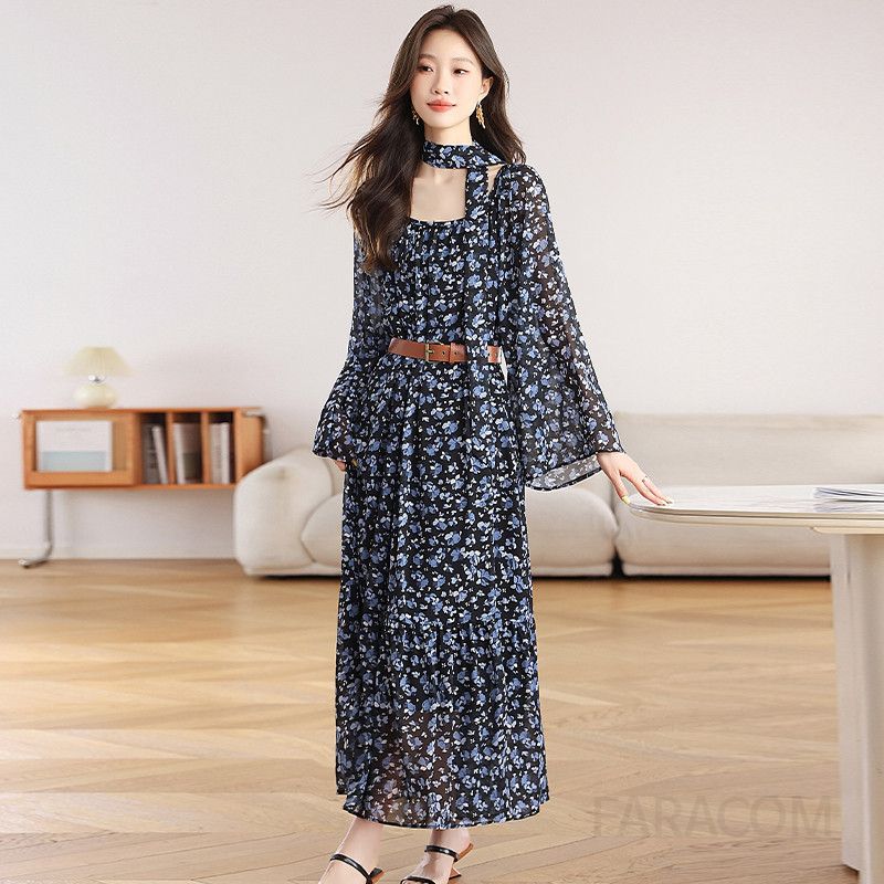 가을 플라워 쉬폰 롱원피스 여성 하객룩 스타일 프렌치 감성 데일리로 착용하기 좋은 샤랄라룩 휴가룩 날씬한 핏 연출 가능 - 상세 이미지 4
