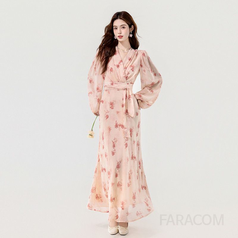 가을 쉬폰 롱원피스 V넥 허리 타이 디자인 우아한 하객룩 여성용 플라워 프린트 스타일 데일리 착용감 부드러운 드레스 - 상품 이미지