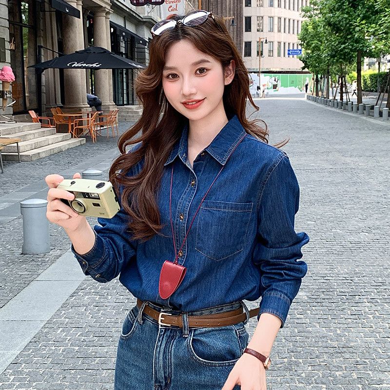 여성용 루즈핏 기모 데님 셔츠 레이어드 스타일 봄 가을 겨울 아우터 홍콩 레트로 감성 긴팔 캐주얼 청남방 데일리룩 코튼 소재 편안한 착용감 - 상품 이미지