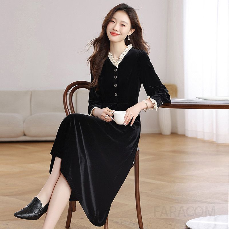 고급스러운 벨벳 긴팔 드레스 여성용 파티룩 슬림핏 겨울 복고풍 스타일 편안한 착용감 데일리 원피스 - 상세 이미지 3