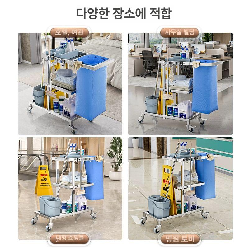 스테인리스 청소 핸드카 방화판 브러시 대걸레 사각관 스테인레스 수레 걸레 다기능 모델 C 보관함+안내판 포함 - 상세 이미지 4