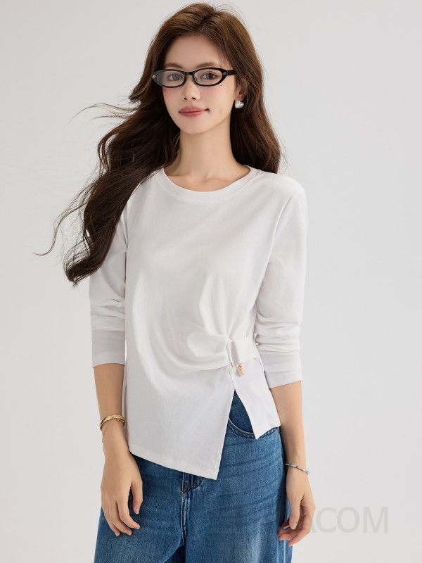 여성용 가을 슬림핏 비대칭 긴팔 티셔츠 화이트 라운드넥 플리츠 슬릿 스타일 데일리룩 레이어드 가능한 캐주얼 탑 - 상품 이미지