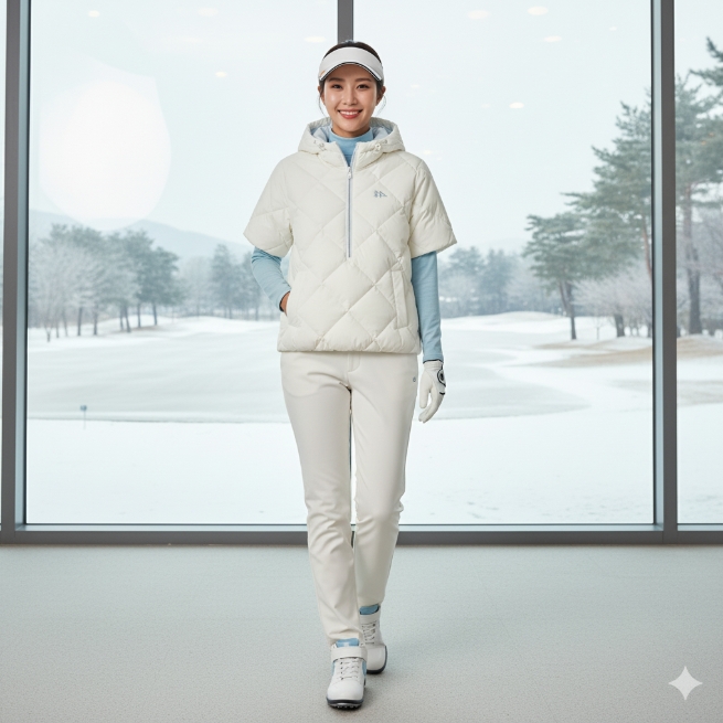 [무료배송/반품] 더블플래그 여자 겨울 다이아몬드 퀼팅 골프웨어 덕다운 경량패딩 반팔 점퍼 아이보리, 95 - 상세 이미지 2