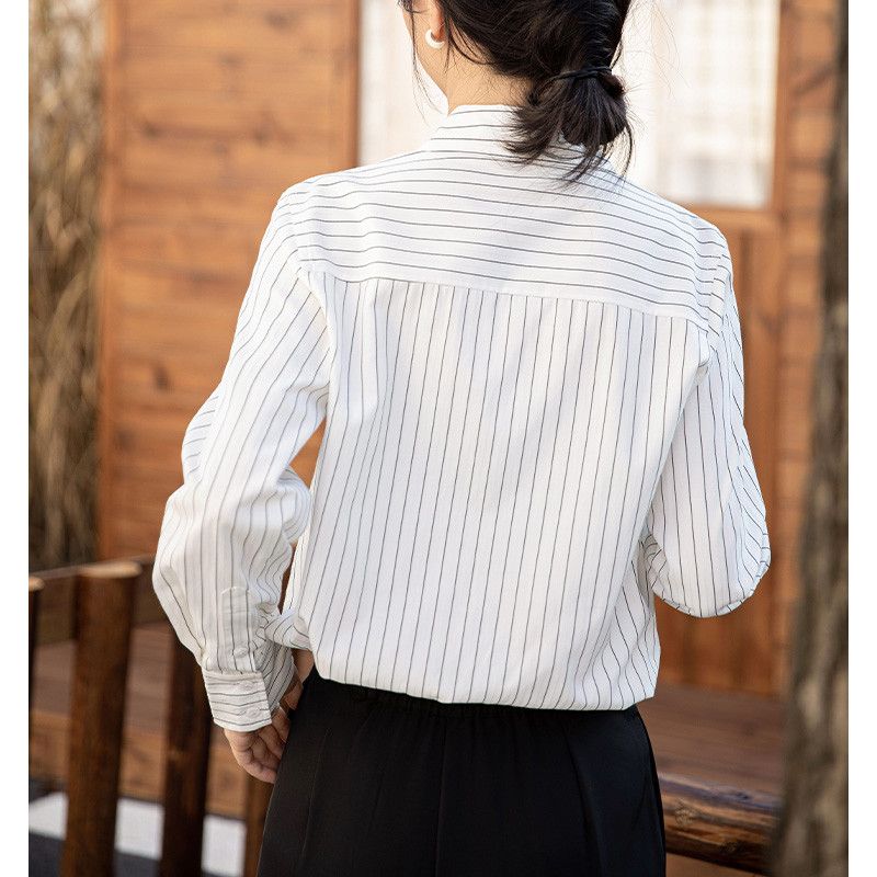 라운드넥 루즈핏 봄 가을 여성용 셔츠블라우스 니치 레트로 스타일 레이어드룩 빈티지 홍콩 감성 데일리 캐주얼 긴팔 상의 - 상세 이미지 5