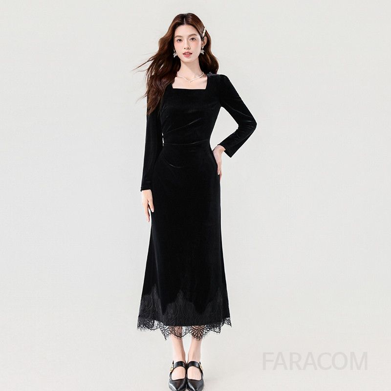 가을 여성 슬림핏 벨벳 드레스 긴팔 우아한 레이스 디테일 A라인 원피스 데일리룩 하객룩 적합한 스타일리시한 아이템 - 상세 이미지 3