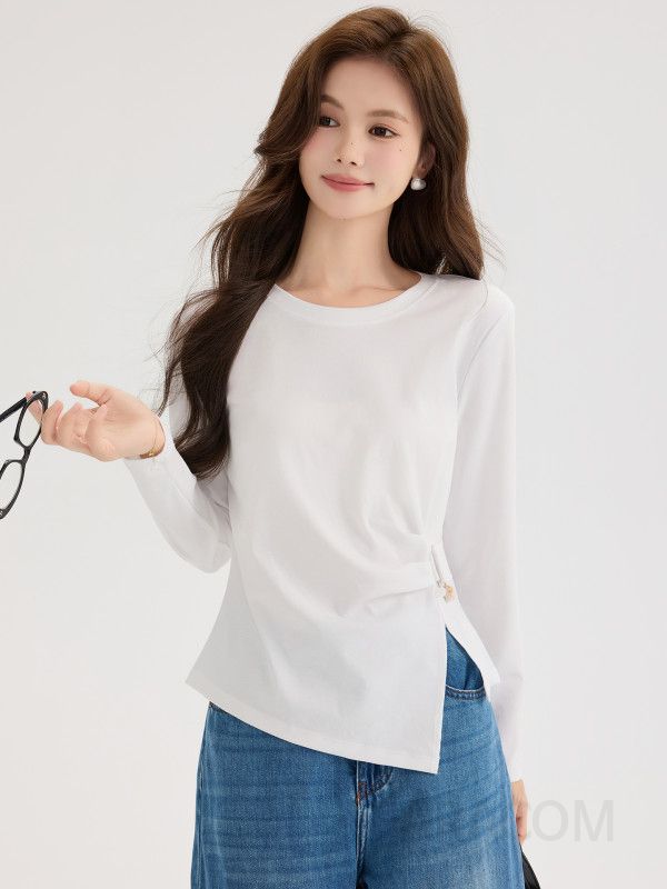여성용 가을 슬림핏 비대칭 긴팔 티셔츠 화이트 라운드넥 플리츠 슬릿 스타일 데일리룩 레이어드 가능한 캐주얼 탑 - 상세 이미지 4