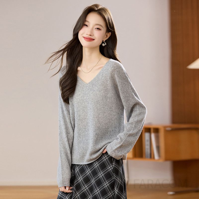 여성용 루즈핏 울 브이넥 스웨터 가을 겨울 데일리 니트 부드러운 착용감 고급스러운 스타일 따뜻한 아우터웨어 캐주얼한 디자인 감각적 - 상세 이미지 3