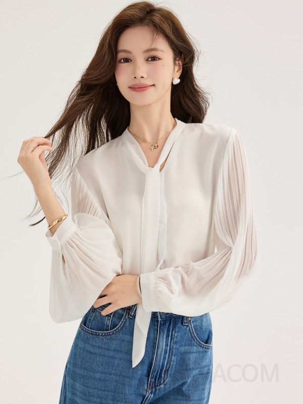 가을 여성용 쉬폰 리본타이블라우스 긴팔 아코디언 플리츠 디자인 스타일리시하고 우아한 통근용 랜턴 슬리브 탑 흰색 셔츠 - 상품 이미지