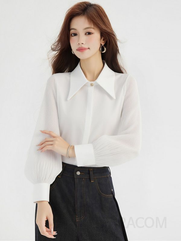 여성 아코디언 플리츠 쉬폰 긴팔 블라우스 심플하고 세련된 스타일 면접에도 적합한 편안한 착용감의 예쁜 겨울 여성셔츠 - 상세 이미지 3