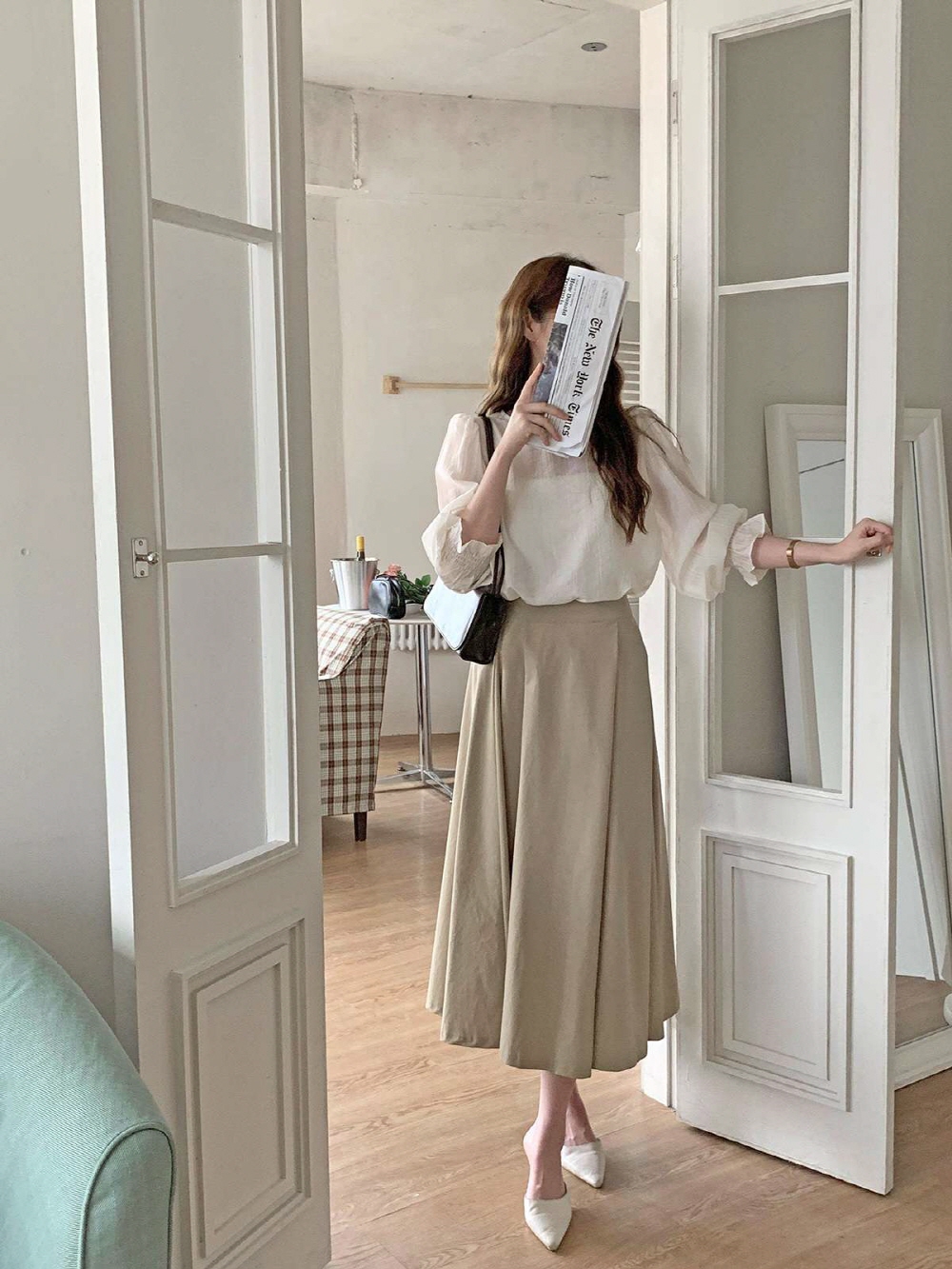플레어롱스커트 핀턱 하이웨스트 뒷밴딩 롱 스커트 - 상세 이미지 2