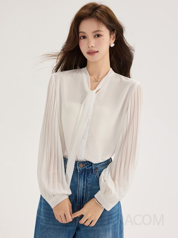 가을 여성용 쉬폰 리본타이블라우스 긴팔 아코디언 플리츠 디자인 스타일리시하고 우아한 통근용 랜턴 슬리브 탑 흰색 셔츠 - 상세 이미지 3