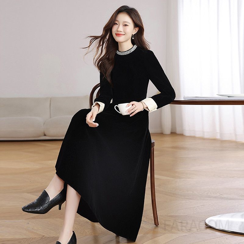 블랙 벨벳 긴팔 드레스 여성용 원피스 가을 겨울 파티 이브닝웨어 고급스러운 스타일 피로연 고급스러운 착용감 - 상세 이미지 3