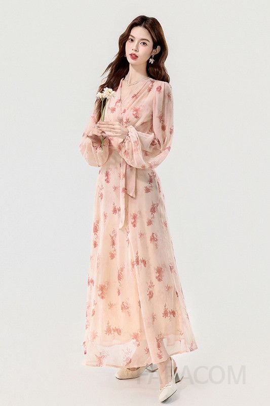 가을 쉬폰 롱원피스 V넥 허리 타이 디자인 우아한 하객룩 여성용 플라워 프린트 스타일 데일리 착용감 부드러운 드레스 - 상세 이미지 5