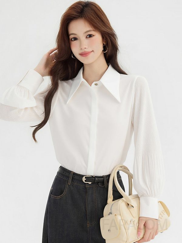 여성 아코디언 플리츠 쉬폰 긴팔 블라우스 심플하고 세련된 스타일 면접에도 적합한 편안한 착용감의 예쁜 겨울 여성셔츠 - 상세 이미지 2