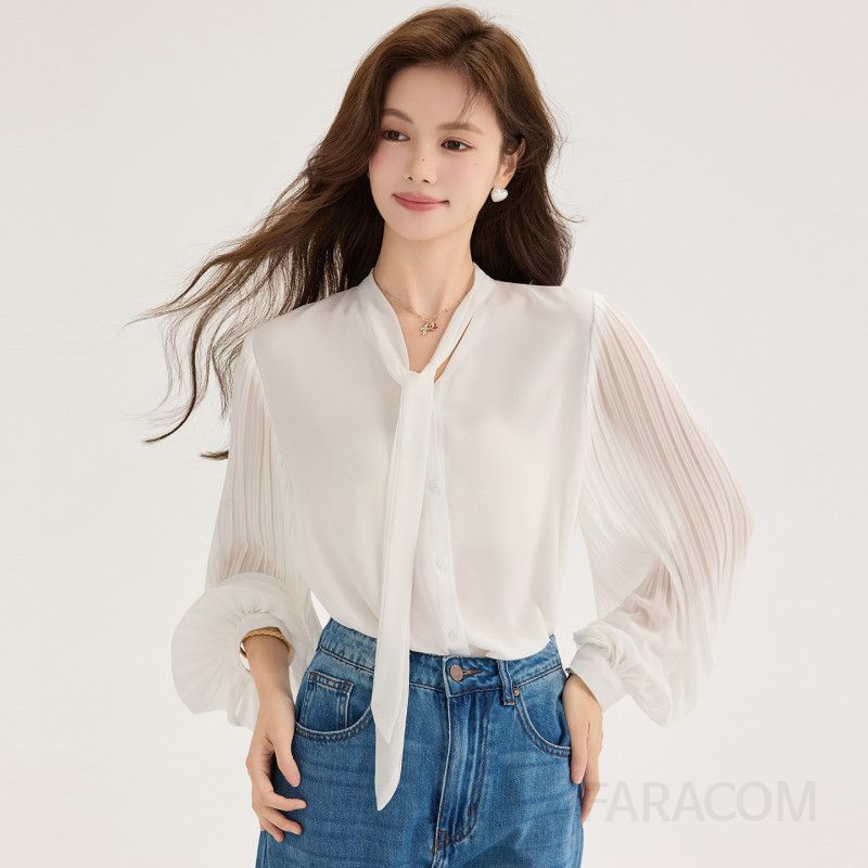 가을 여성용 쉬폰 리본타이블라우스 긴팔 아코디언 플리츠 디자인 스타일리시하고 우아한 통근용 랜턴 슬리브 탑 흰색 셔츠 - 상세 이미지 5