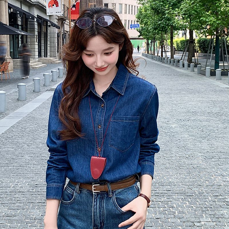 여성용 루즈핏 기모 데님 셔츠 레이어드 스타일 봄 가을 겨울 아우터 홍콩 레트로 감성 긴팔 캐주얼 청남방 데일리룩 코튼 소재 편안한 착용감 - 상세 이미지 3