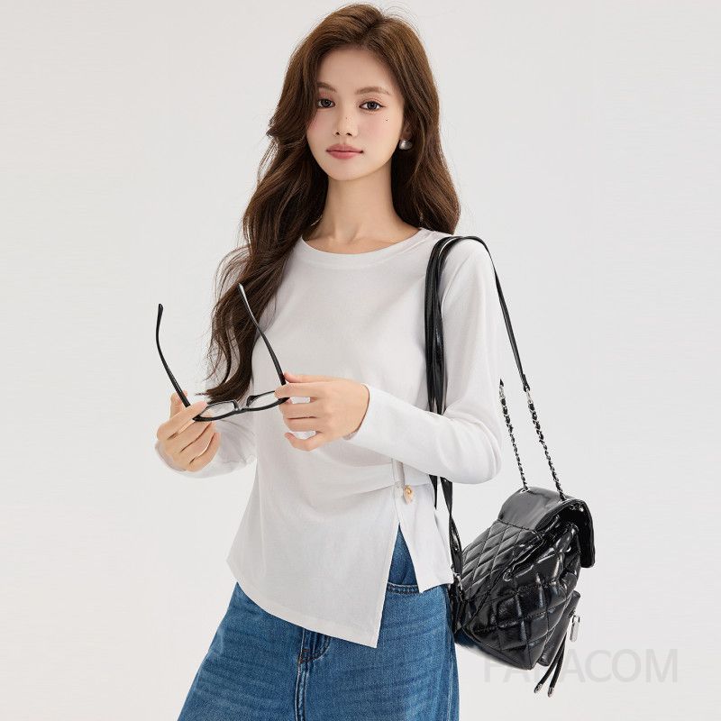 여성용 가을 슬림핏 비대칭 긴팔 티셔츠 화이트 라운드넥 플리츠 슬릿 스타일 데일리룩 레이어드 가능한 캐주얼 탑 - 상세 이미지 5