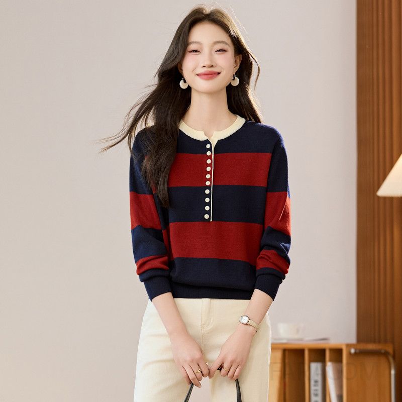 가을 겨울 여성용 스트라이프 라운드넥 긴팔 스웨터 니트 레트로 스타일 캐주얼 웨어 코튼 소재 편안한 착용감 데일리룩 연출 가능 - 상세 이미지 4