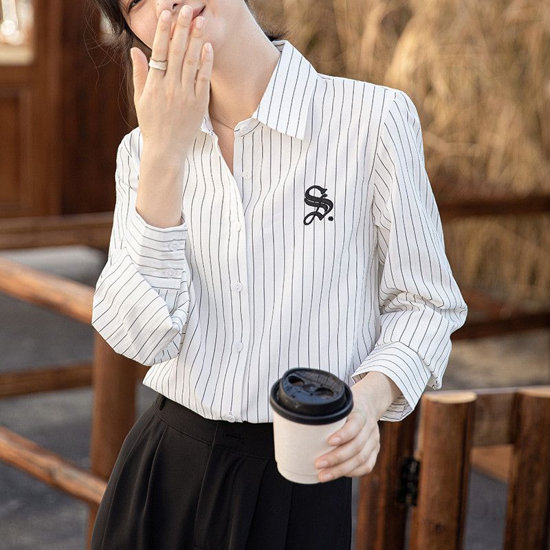 라운드넥 루즈핏 봄 가을 여성용 셔츠블라우스 니치 레트로 스타일 레이어드룩 빈티지 홍콩 감성 데일리 캐주얼 긴팔 상의 - 상세 이미지 4