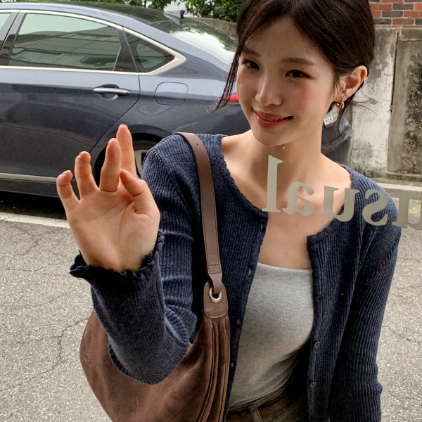 엘디아 물결 트리밍 라운드넥 슬림 골지 가디건 cd3486 - 메인 이미지