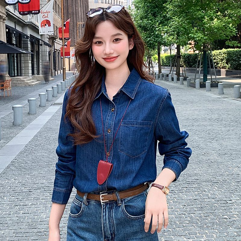 여성용 루즈핏 기모 데님 셔츠 레이어드 스타일 봄 가을 겨울 아우터 홍콩 레트로 감성 긴팔 캐주얼 청남방 데일리룩 코튼 소재 편안한 착용감 - 상세 이미지 2