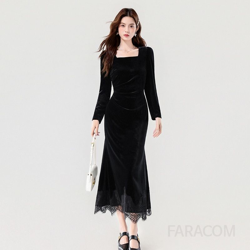 가을 여성 슬림핏 벨벳 드레스 긴팔 우아한 레이스 디테일 A라인 원피스 데일리룩 하객룩 적합한 스타일리시한 아이템 - 상품 이미지