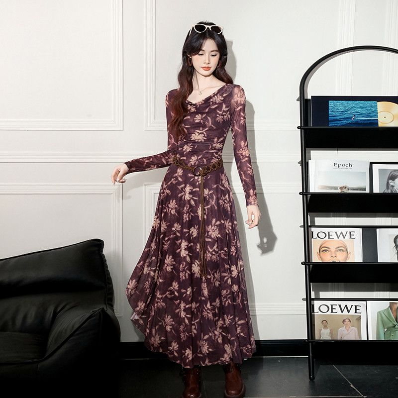가을 플라워 스윙 칼라 롱원피스 엘라스틱 벨트 포함 데일리 스타일 여성 착용감 편안한 데이트룩 하객룩으로 - 상세 이미지 4