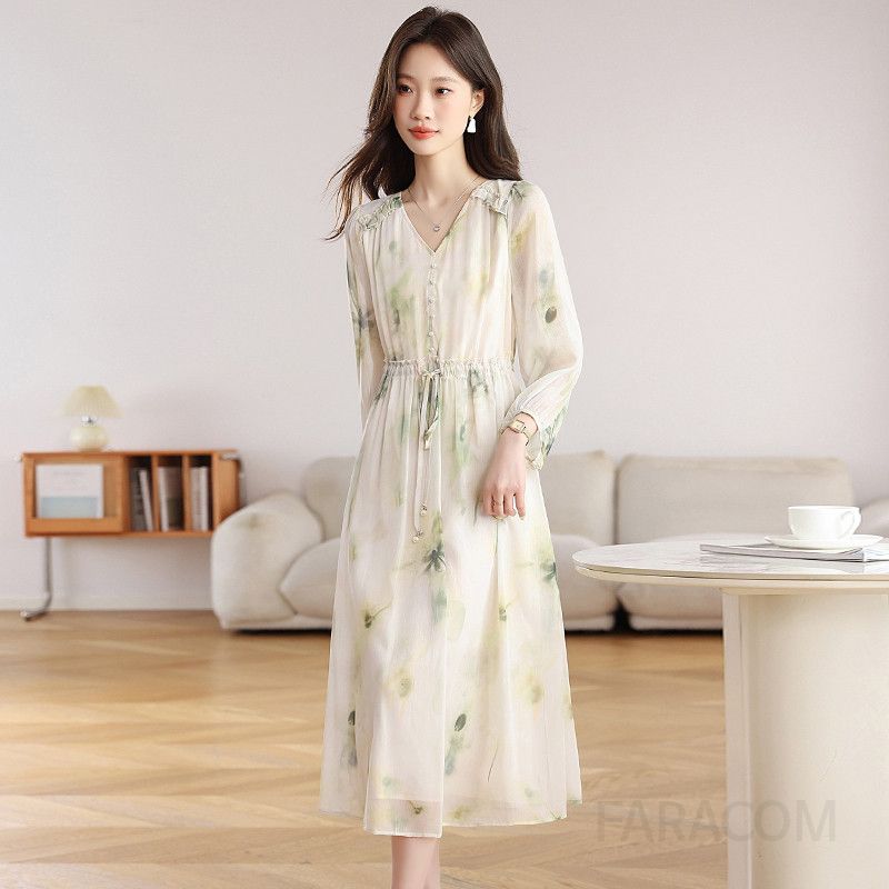 브이넥 여성 긴팔 드레스 A라인 스타일 가을 롱 원피스 슬림핏 허리 슬리밍 효과 데일리 캐주얼 패션 트렌디한 디자인 - 상세 이미지 4