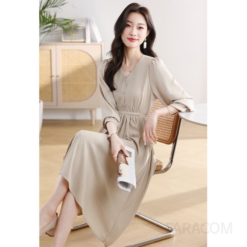 가을 여성용 브이넥 롱원피스 베이지색 고급스러운 스타일 데일리 여신핏 허리 강조 부드러운 착용감 오피스 하객룩 - 상세 이미지 3