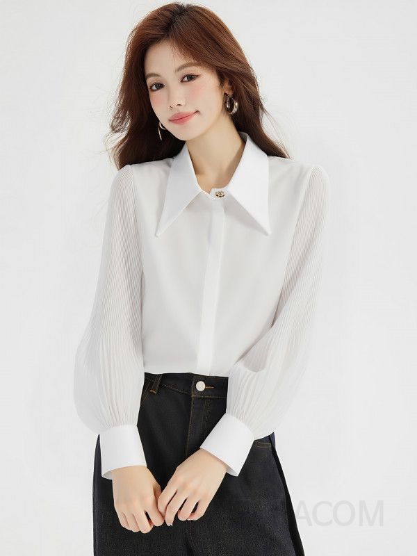 여성 아코디언 플리츠 쉬폰 긴팔 블라우스 심플하고 세련된 스타일 면접에도 적합한 편안한 착용감의 예쁜 겨울 여성셔츠 - 상세 이미지 4
