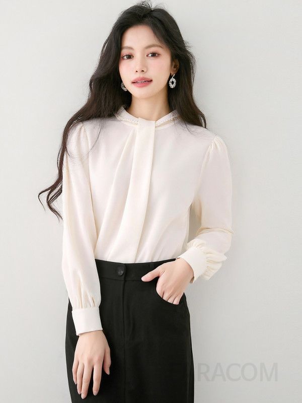 여성 코튼 긴팔 셔츠 가을 데일리룩 올매치 캐주얼 스타일 출퇴근용 편안한 착용감의 살구색 패션 긴팔남방 - 상품 이미지
