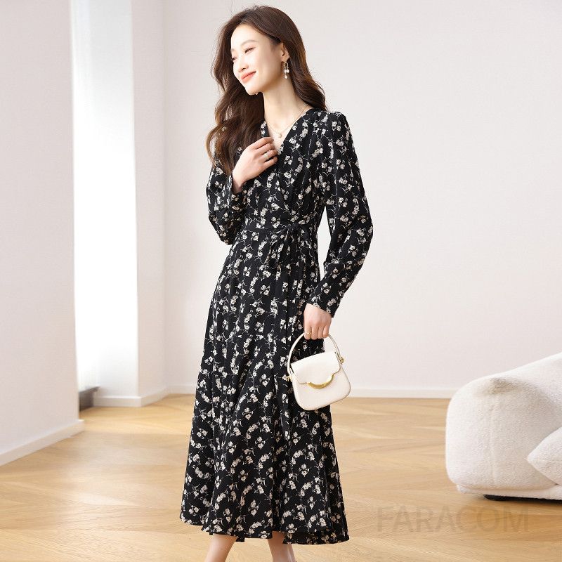 가을 여성용 플라워 프린트 긴팔 롱원피스 V넥 스타일 드레스 우아한 하객룩 데일리 웨어 발목까지 내려오는 날씬해 보이는 디자인 - 상세 이미지 3